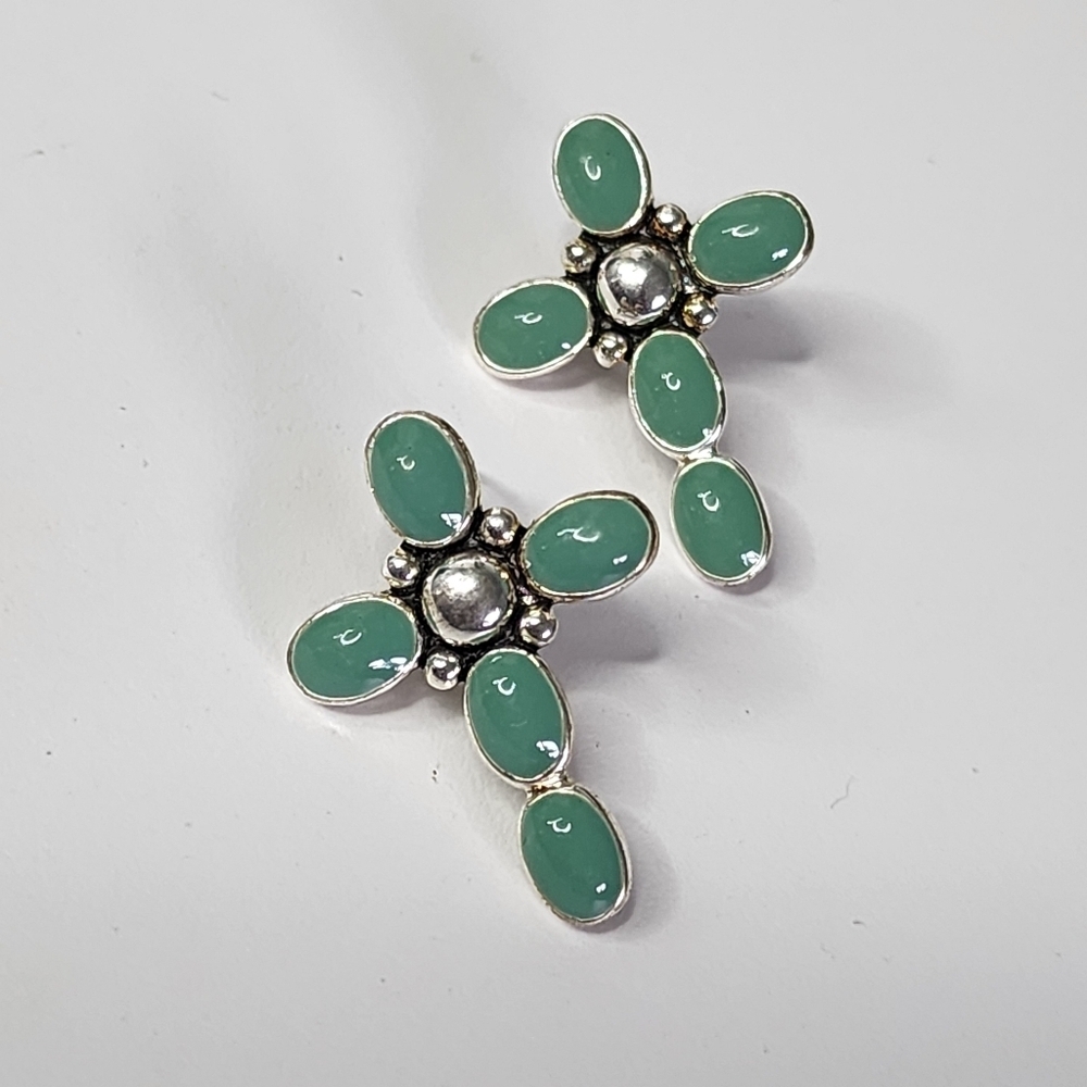 Boho Silver and Green Cross Earrings New